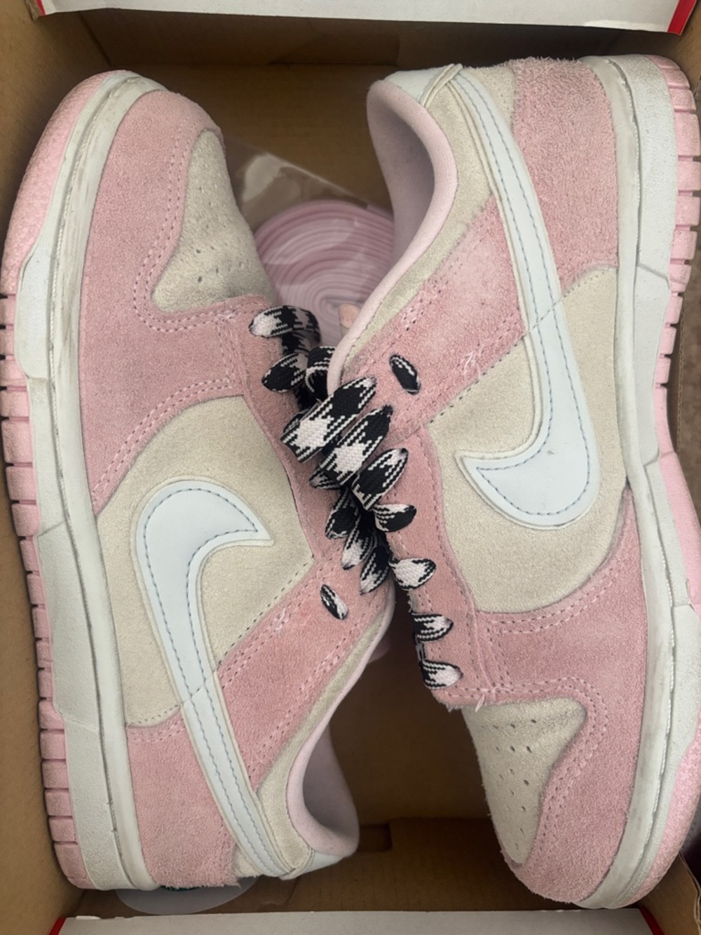 Nike Low-Top Suede Sneakers in Pink and Cream with White Swoosh